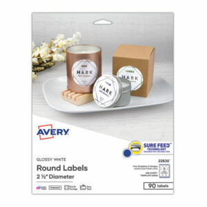 Round Print-to-the Edge Labels with SureFeed, 2.5" dia, Glossy White, 90/PK