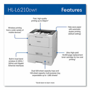 HL-L6210DWT Business Monochrome Laser Printer with Dual Paper Trays