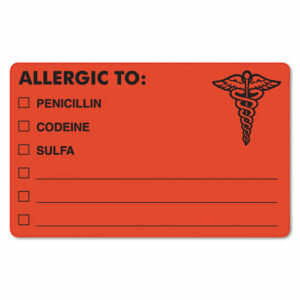 Allergy Warning Labels, ALLERGIC TO: PENICILLN, CODEINE, SULFA, 2.5 x 4, Fluorescent Red, 100/Roll