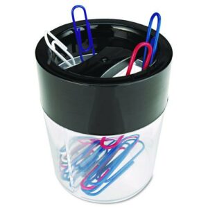 Round Magnetic Clip Dispenser, 2 Compartments, Plastic, 2.5" Diameter x 3"h, Black/Clear